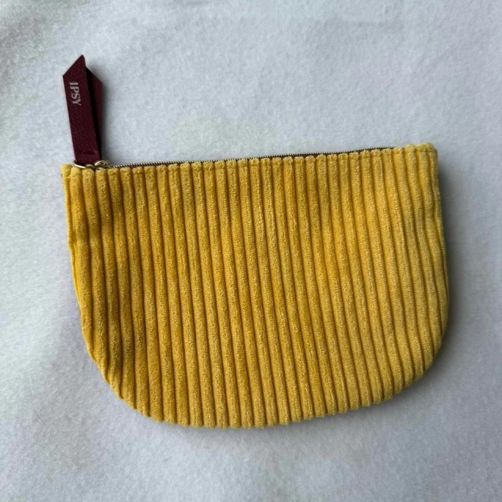 Ipsy Corduroy Makeup Bag Yellow burgundy Pleasted  Zip Cosmetic pouch